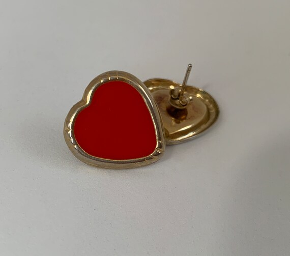 Ruby Red Enamel Heart Shape Stud Earrings, Gold A… - image 4