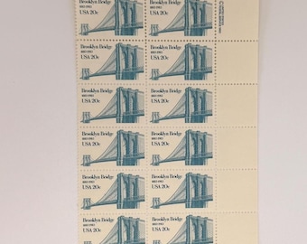 Sellos conmemorativos vintage Scott n.° 2041 de 1983, 20 centavos, Puente de Brooklyn, bloque de 20 placas sin usar / Sellos postales de USPS