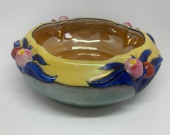 Vintage Colorful Japanese Hand Painted Lusterware Centerpiece Bowl with Embossed Red and Pink Tulip Designs and Scalloped Edges