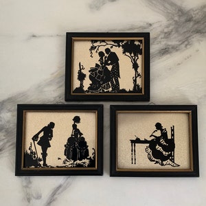 Set of 3 Vintage Small Deltex Reverse Silhouettes Painted on Glass, Gold and Black | Victorian Woman Writing and Two Romantic Couples