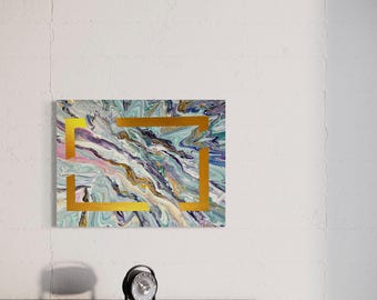 Pintura acrílica abstrata roxa e azul sobre tela. Rios roxos. 24x18 polegadas.
