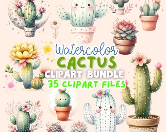 Clipart di cactus ad acquerello: file PNG di piante grasse kawaii (download digitale)