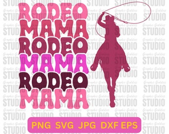 May include: A pink and red graphic design with the text "Rodeo Mama" repeated four times. A silhouette of a cowgirl riding a horse is on the right side of the design.