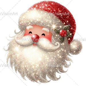 May include: A close-up of Santa Claus's face with a sparkly red hat and white beard. The image has a festive Christmas theme.