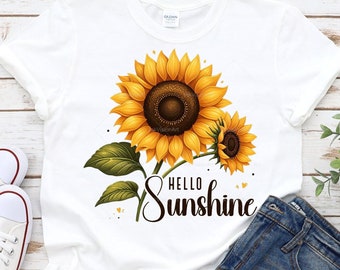 May include: White t-shirt with a graphic of two sunflowers and the text "Hello Sunshine".