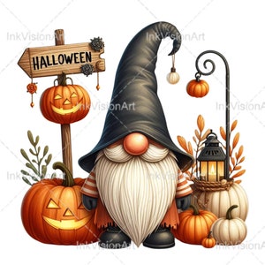 Könnte beinhalten: Ein Halloween-Zwerg mit einem schwarzen Hut und weißem Bart steht vor einem Holzschild mit der Aufschrift "HALLOWEEN". Es gibt Kürbisse und eine Laterne mit einer Kerze darin.
