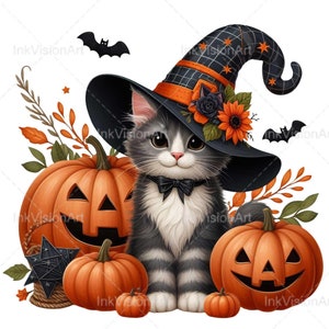 K&ouml;nnte beinhalten: Ein s&uuml;&szlig;es grau-wei&szlig;es K&auml;tzchen tr&auml;gt einen schwarzen Hexenhut mit orange-schwarzem Besatz und einer Blumenverzierung und sitzt vor drei orangefarbenen K&uuml;rbissen mit Jack-o'-Lantern-Gesichtern.