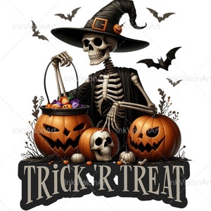 Könnte beinhalten: Ein Skelett mit einer Hexenmütze und einem Eimer voller Süßigkeiten steht vor drei geschnitzten Kürbissen mit dem Schriftzug "Trick 'r Treat" auf einem schwarzen Banner.