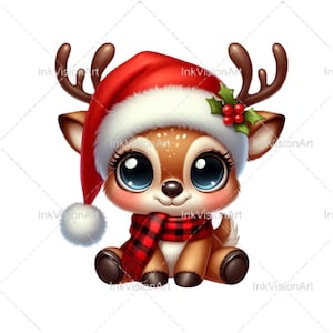 Op de afbeelding: Een schattig cartoon rendier dat een rode kerstmanmuts draagt met een witte rand en een rood-zwart geruite sjaal. Het rendier heeft grote blauwe ogen en een bruine neus.