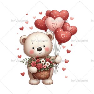 May include: A white teddy bear holding a basket of red and pink flowers and a bouquet of red heart-shaped balloons.