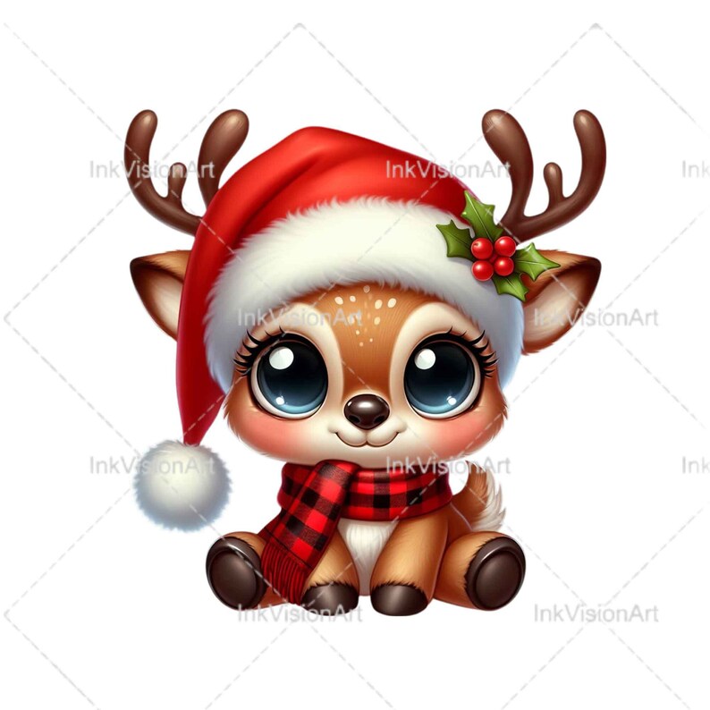 Op de afbeelding: Een schattig cartoon rendier dat een rode kerstmanmuts draagt met een witte rand en een rood-zwart geruite sjaal. Het rendier heeft grote blauwe ogen en een bruine neus.