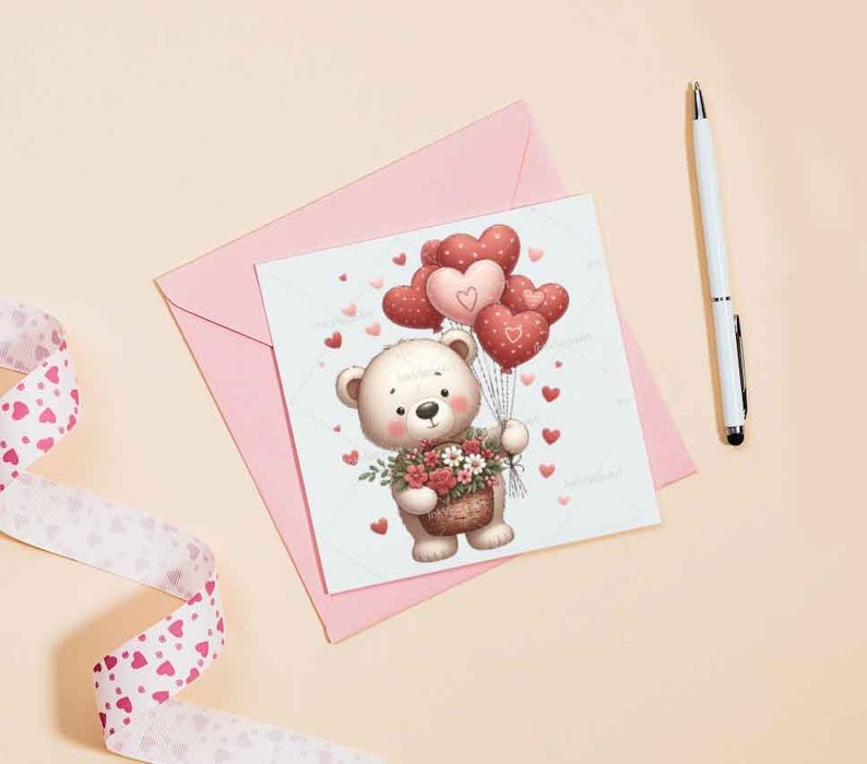 May include: A white teddy bear holding a basket of pink flowers and flying with red heart-shaped balloons. The card has a pink background and is decorated with small pink hearts.