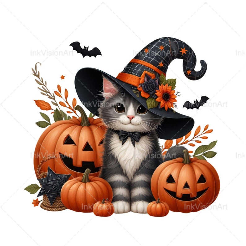 K&ouml;nnte beinhalten: Ein s&uuml;&szlig;es grau-wei&szlig;es K&auml;tzchen tr&auml;gt einen schwarzen Hexenhut mit orange-schwarzem Besatz und einer Blumenverzierung und sitzt vor drei orangefarbenen K&uuml;rbissen mit Jack-o'-Lantern-Gesichtern.