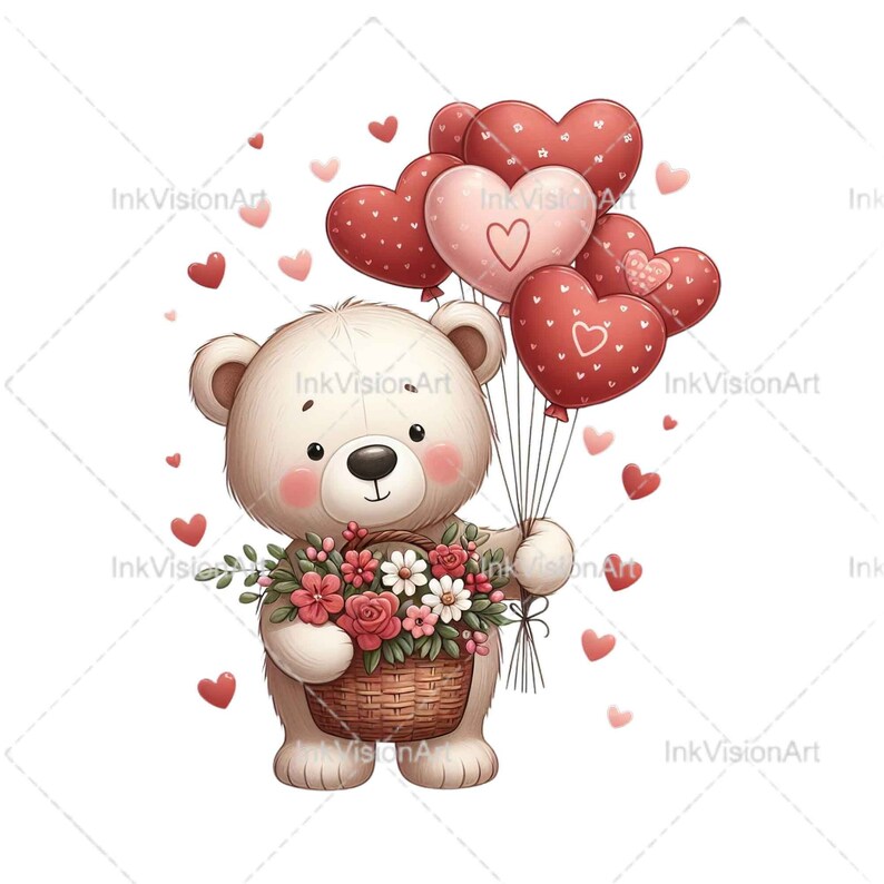 May include: A white teddy bear holding a basket of red and pink flowers and a bouquet of red heart-shaped balloons.
