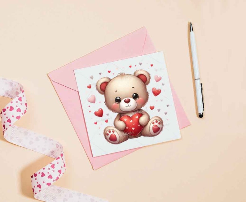May include: A pink card with a cute cartoon teddy bear holding a red heart. The card is decorated with small pink hearts.