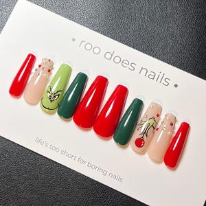 Grinch Christmas Press On Nails: Hand Painted Long Coffin, Size Large