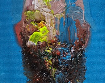 Portret van een man met baard zonder gezicht, surrealistisch olieverfschilderij, origineel 4x6 inch, abstracte muurkunst, moderne woondecoratie, klein ingelijst cadeau voor papa