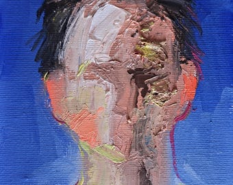 Surrealistisches Männerporträt, Original-Ölgemälde (4x4), abstrakte Wandkunst, moderne Wohndekoration, kleines Geschenk im Bilderrahmen für den besten Freund