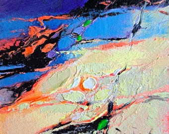 Blauw schilderij ingelijst origineel abstract kunstwerk 4x4, Kunst abstract landschap kunstwerk klein kunstlijstje Muziekliefhebber cadeau, Kleine muurkunst