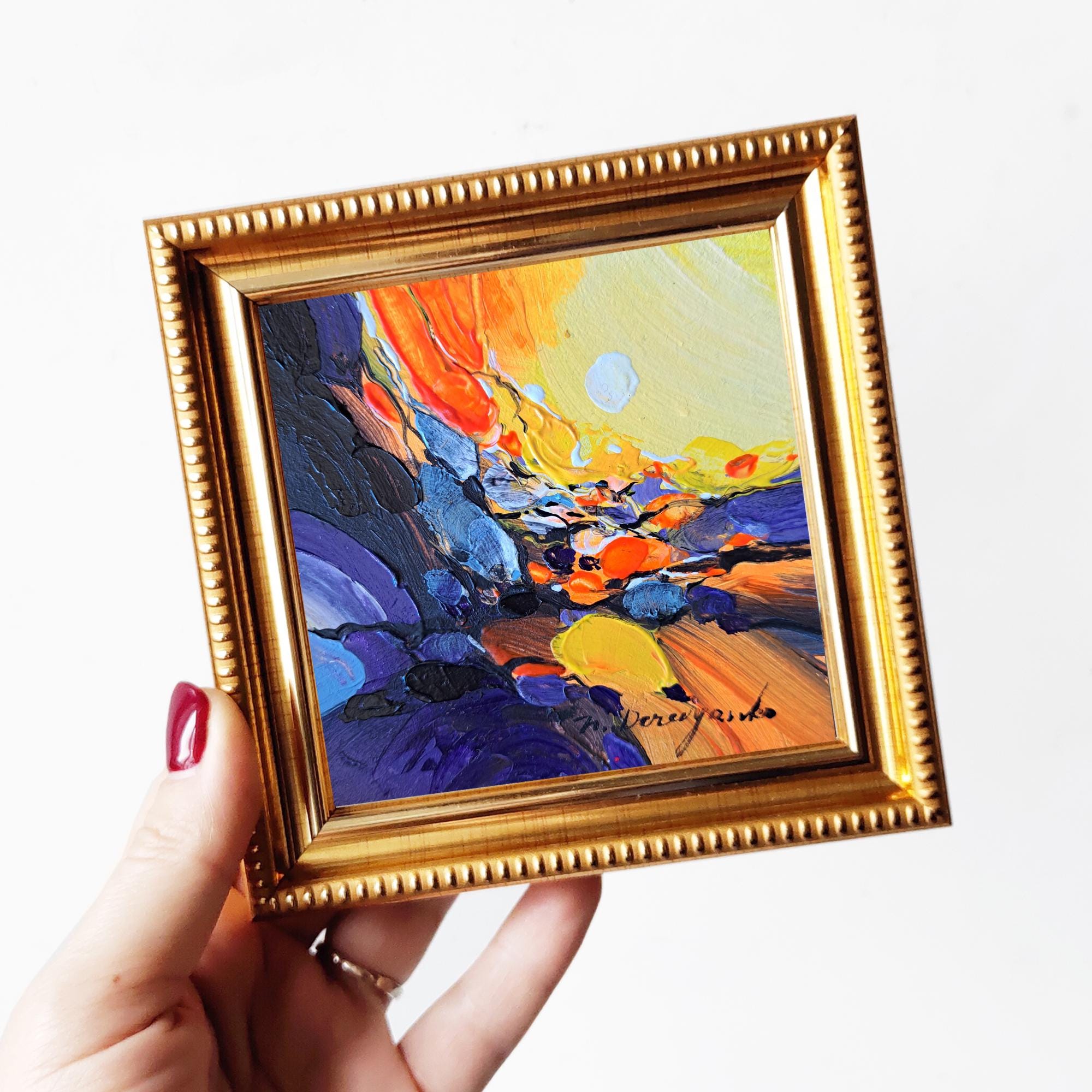 抽象的な油彩画 金色フレーム付き 金色の絵画フレーム入り風景画オリジナルフレーム 4x4、抽象ミニ絵画