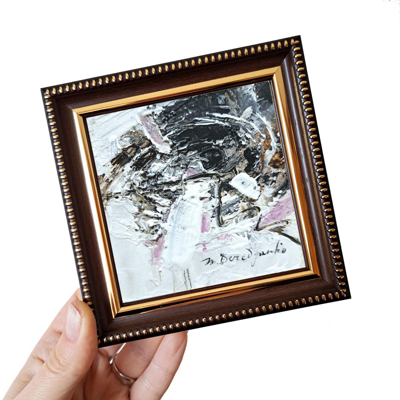 ホワイトブラック抽象絵画オリジナルアートワークフレーム4x4、小さな