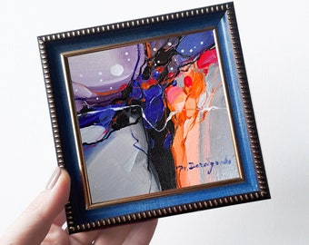 Klein ingelijst abstract olieverfschilderij origineel 4x4, huwelijksreis kunst miniatuur schilderijen abstract landschap blauwe muur kunstliefhebber cadeau