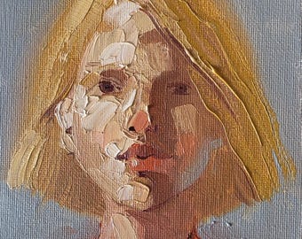 Surrealistisches Frauenporträt, Original-Ölgemälde (5x7 Zoll), abstrakte Wanddekoration: Mädchen, Dame in Rot