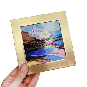Pequeña pintura abstracta original enmarcada 4x4, pintura abstracta hecha a mano, pequeño regalo, pequeño marco de arte dorado