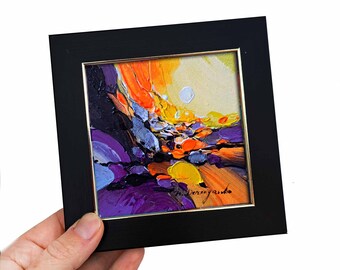 抽象的な油彩画 金色フレーム付き 金色の絵画フレーム入り風景画オリジナルフレーム 4x4、抽象ミニ絵画