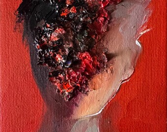 Surrealistisches Männerporträt, Original-Ölgemälde (4x4), abstrakte Wandkunst, moderne Wohndekoration, kleines Geschenk im Bilderrahmen für den besten Freund