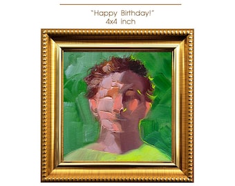 Originales, strukturiertes Ölgemälde mit Männerporträt (10 x 10 cm), Kunstgeschenk für Männer zum Geburtstag