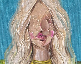 Originales Ölgemälde eines Frauenporträts (5 x 7 Zoll), abstraktes Porträt einer blonden Frau mit hellem Haar.