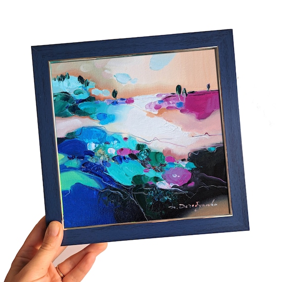 抽象油彩画 小型 抽象油絵オリジナルフレーム 8x8、小さな風景キャンバス絵画アート