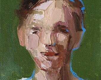 Surrealistisches Männerporträt, Original-Ölgemälde (10 x 15 cm), abstrakte Wandkunst, moderne Dekoration für kleine Wohnräume