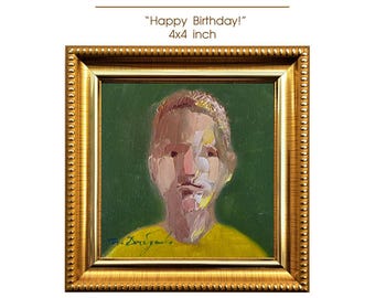 Male Portrait Textured Oil Painting Original 4x4 inch, Men Art Birthday Gift