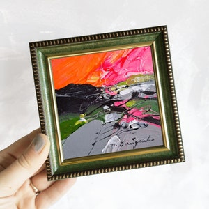 Kleines gerahmtes abstraktes Ölgemälde original 4x4, Flitterwochen-Kunstgemälde abstrakte Landschaft blauer Rahmen