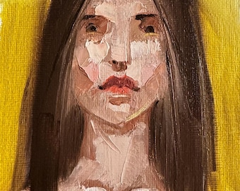 Originales Ölgemälde eines Frauenporträts (10 x 15 cm), abstraktes Wandbild für ein Mädchen, moderne Wohndekoration