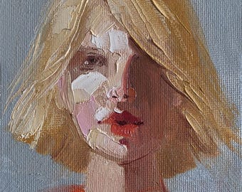 Frauenporträt, Ölgemälde, Original 4x6, Dame in Rot, kleiner Rahmen