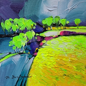 Könnte beinhalten: Abstrakte Landschaftsmalerei mit leuchtend grünen Bäumen, violetten und blauen Bergen und einem gelben Feld. Der Himmel ist hellblau mit weißen Wolken. Das Gemälde ist unten rechts signiert.