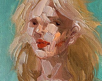 Originales Ölgemälde mit Struktur, Frauenporträt (4x6 Zoll), abstrakte Wandmalerei, blonde Frau