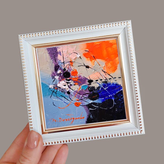 小さな絵画 4x4 抽象アートワーク オリジナルアクリル絵画 額入り