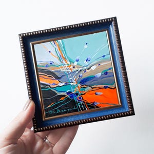 Anniversary gift Miniature paintings original blue painting framed, Abstract small painting 4x4 handmade art gold, Small art frame