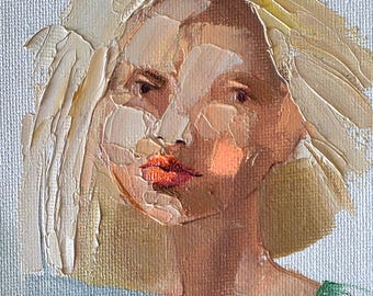 Originales Ölgemälde, Frauenporträt, 10 x 15 cm, strukturierte Oberfläche, blondes Mädchen, Regaldekoration