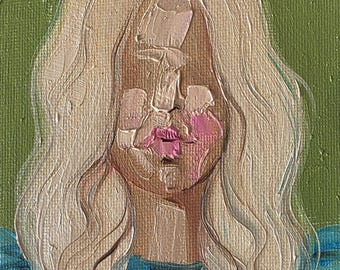 Originales Ölgemälde, Frauenporträt, 10 x 15 cm, strukturierte Oberfläche, blondes Mädchen, Regaldekoration