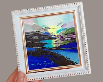 Klein ingelijst abstract olieverfschilderij origineel 4x4, huwelijksreis kunst miniatuur schilderijen abstract landschap blauwe wandkunst verjaardagscadeaus