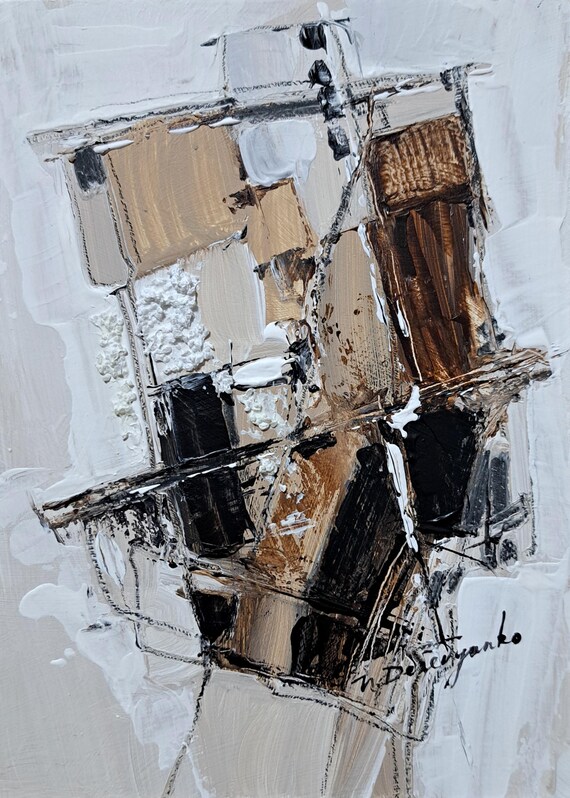 茶色のアートワーク抽象絵画オリジナル フレーム 7x5、小さな絵画抽象