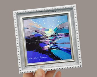 Klein ingelijst abstract olieverfschilderij origineel 4x4, huwelijksreis kunst miniatuur schilderijen abstract landschap blauwe wandkunst verjaardagscadeaus
