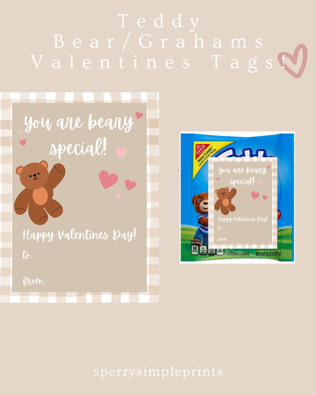 Teddy Bear Valentine Teddy Graham Valentine Class Party Valentine Digital Valentine