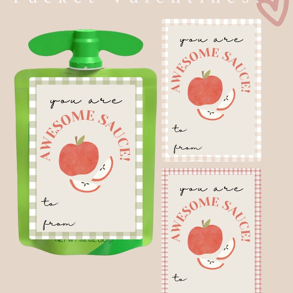 Apple Sauce Valentines Day Cards, Printable Apple Sauce Pouch Cards, Non Candy Valentines, Apple Valentine Tag, Valentine Class Party