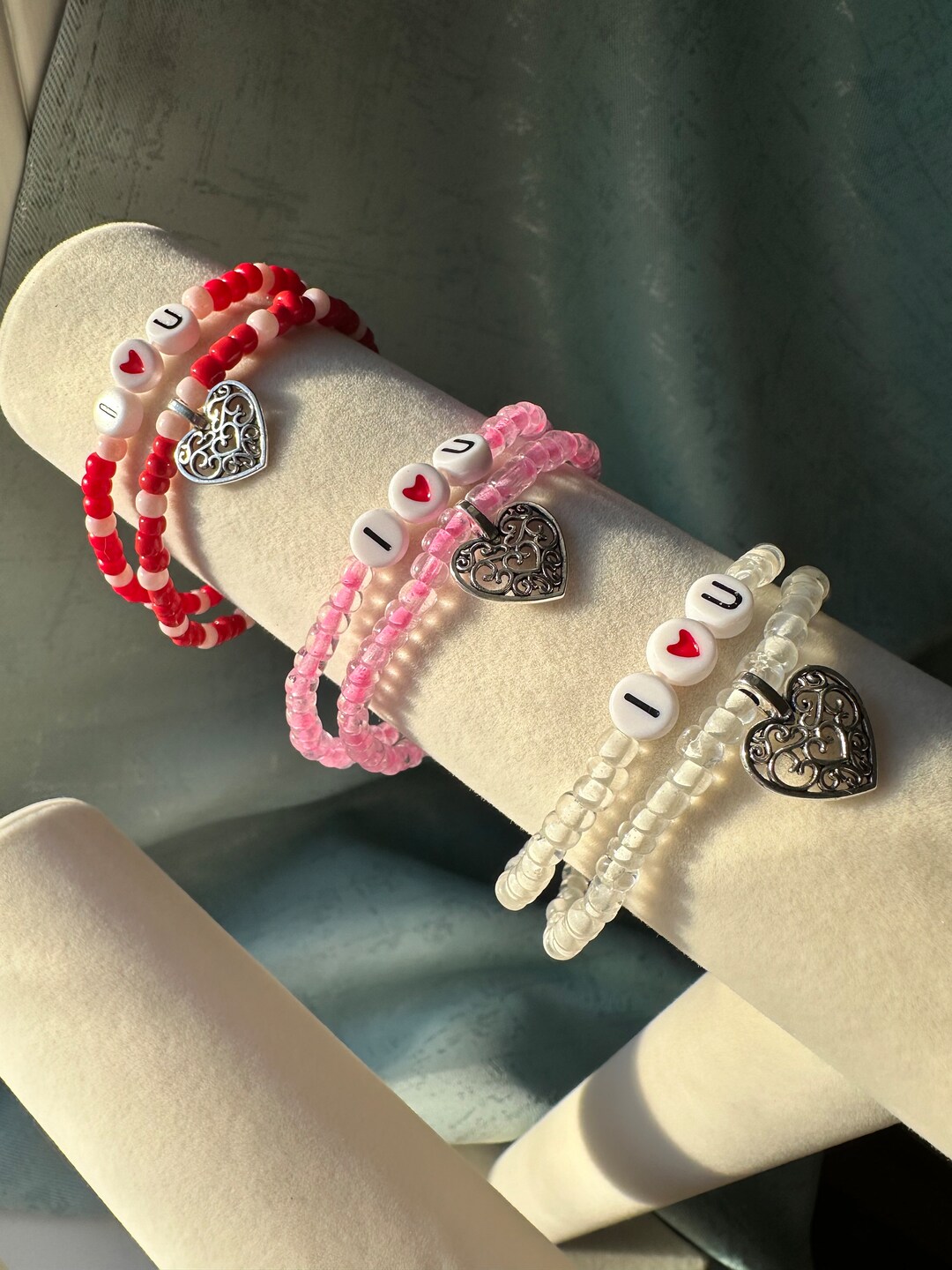 Glass Seed Bead Valentine Bracelet, I Love You, Heart Charm, Heart